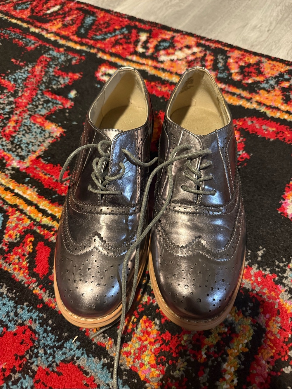 Wanted Metallic Charcoal Wingtip Oxfords with Tan Sole